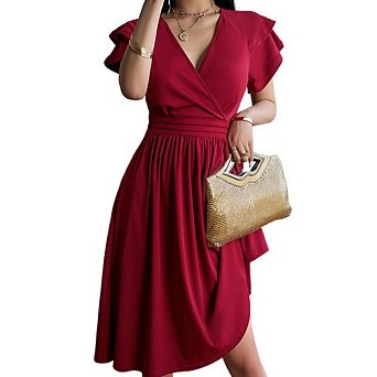 Women's Classic V-Neck Double-Layer Sleeve Dress Slim-Fit Waist-Cinching Pleated Party Daily Dress