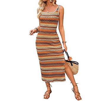 Women Boho Tank Dress Casual Striped Maxi Dresses Fitted Square Neck Beach Vacation Summer Sundress