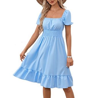 Women Elegent Floral Dress Puff Sleeve High Waist Smocked Ruffle Hem Midi Summer Dress