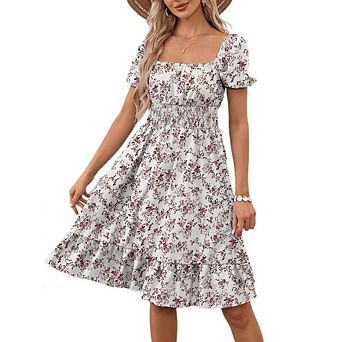 Women Elegent Floral Dress Puff Sleeve High Waist Smocked Ruffle Hem Midi Summer Dress