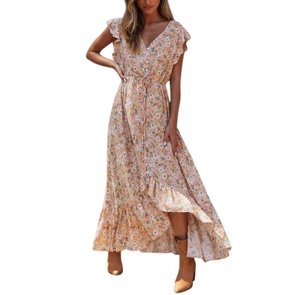 Женские платья Boho Cap Sleeve Dress Casual Square Neck Flower A-line Smocked Beach Dress Summer Maxi Dress
