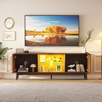 TV Stands for Living Room, 63'' Mid Century Modern Entertainment Center with Storage and LED Lights