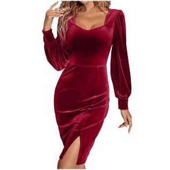 Womens Velvet Long Lantern Sleeve Dress Square Neck Side Slit Cocktail Bodycon Elegant Midi Dress