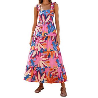 Womens Summer Boho Spaghetti Strap Square Neck Ruffle Casual Flowy Long Dress Beach Swing Maxi Dress