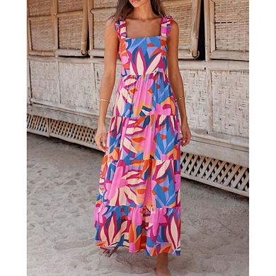 Womens Summer Boho Spaghetti Strap Square Neck Ruffle Casual Flowy Long Dress Beach Swing Maxi Dress