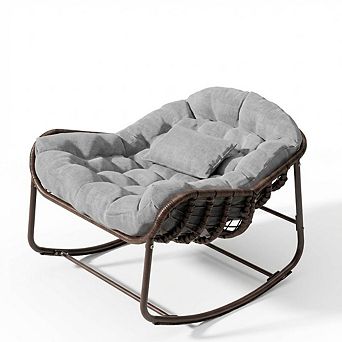 Outdoor Papasan Rocking Chair, Oversized Wicker Lounge Chair for Patio Backyard Porch