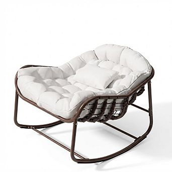 Outdoor Papasan Rocking Chair, Oversized Wicker Lounge Chair for Patio Backyard Porch