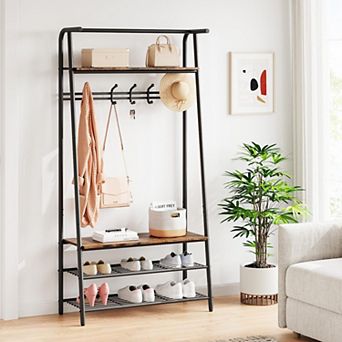 Coat Rack Shoe Bench with 5 Hooks, Hall Trees Entryway Bench with Storage