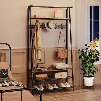 Coat Rack Shoe Bench with 5 Hooks, Hall Trees Entryway Bench with Storage