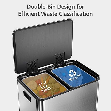 Stainless Steel Trash Can, 16 Gal Step-On Dual Trash Bin