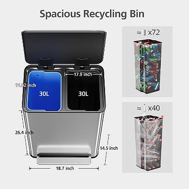 Stainless Steel Trash Can, 16 Gal Step-On Dual Trash Bin