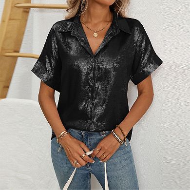 Women's Metallic Short Sleeve Button-Down Shirt - Oversized Shiny Blouse for Casual Evening Wear