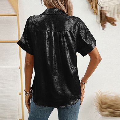 Women's Metallic Short Sleeve Button-Down Shirt - Oversized Shiny Blouse for Casual Evening Wear