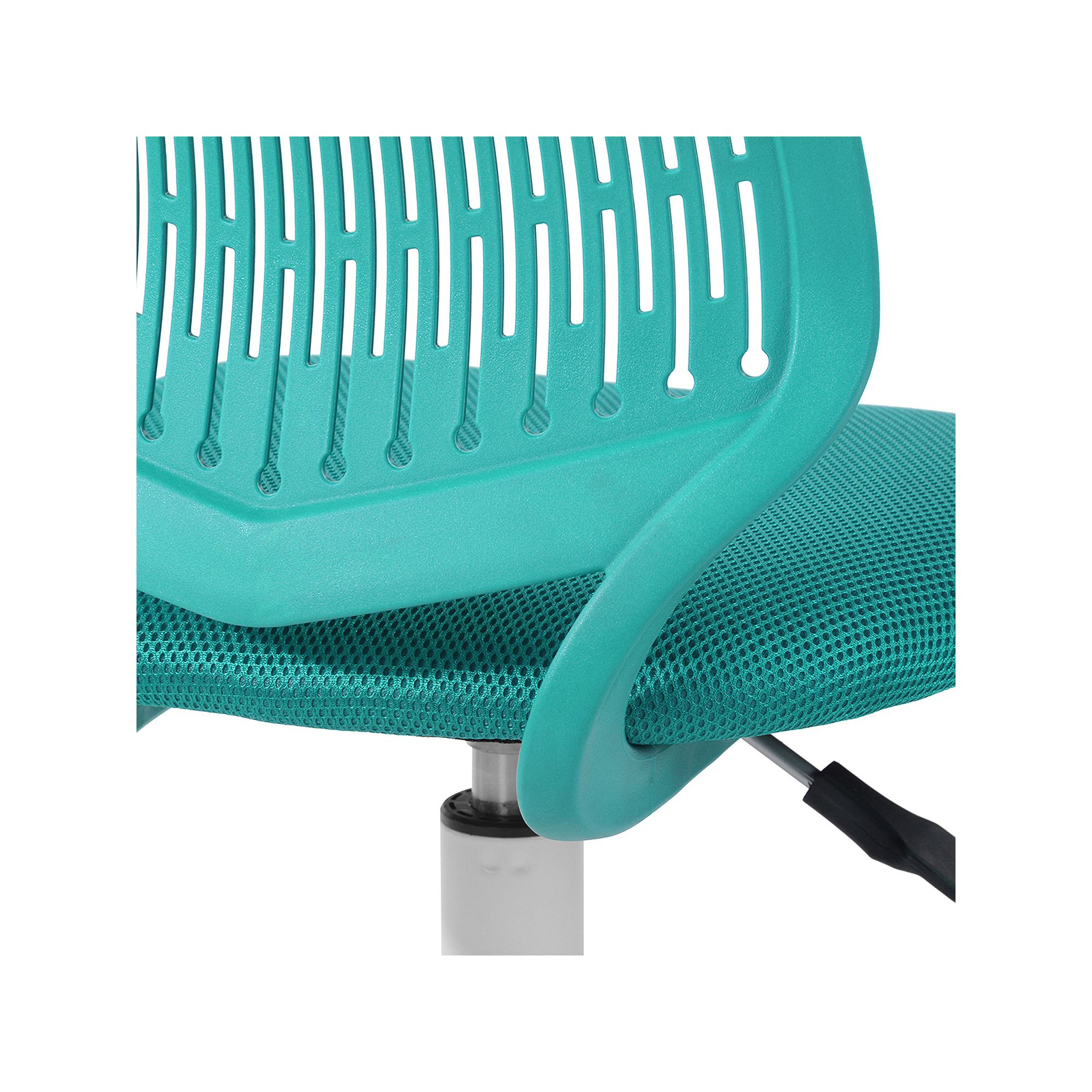 Close-up of teal breathable back and seat mesh on adjustable armless chair