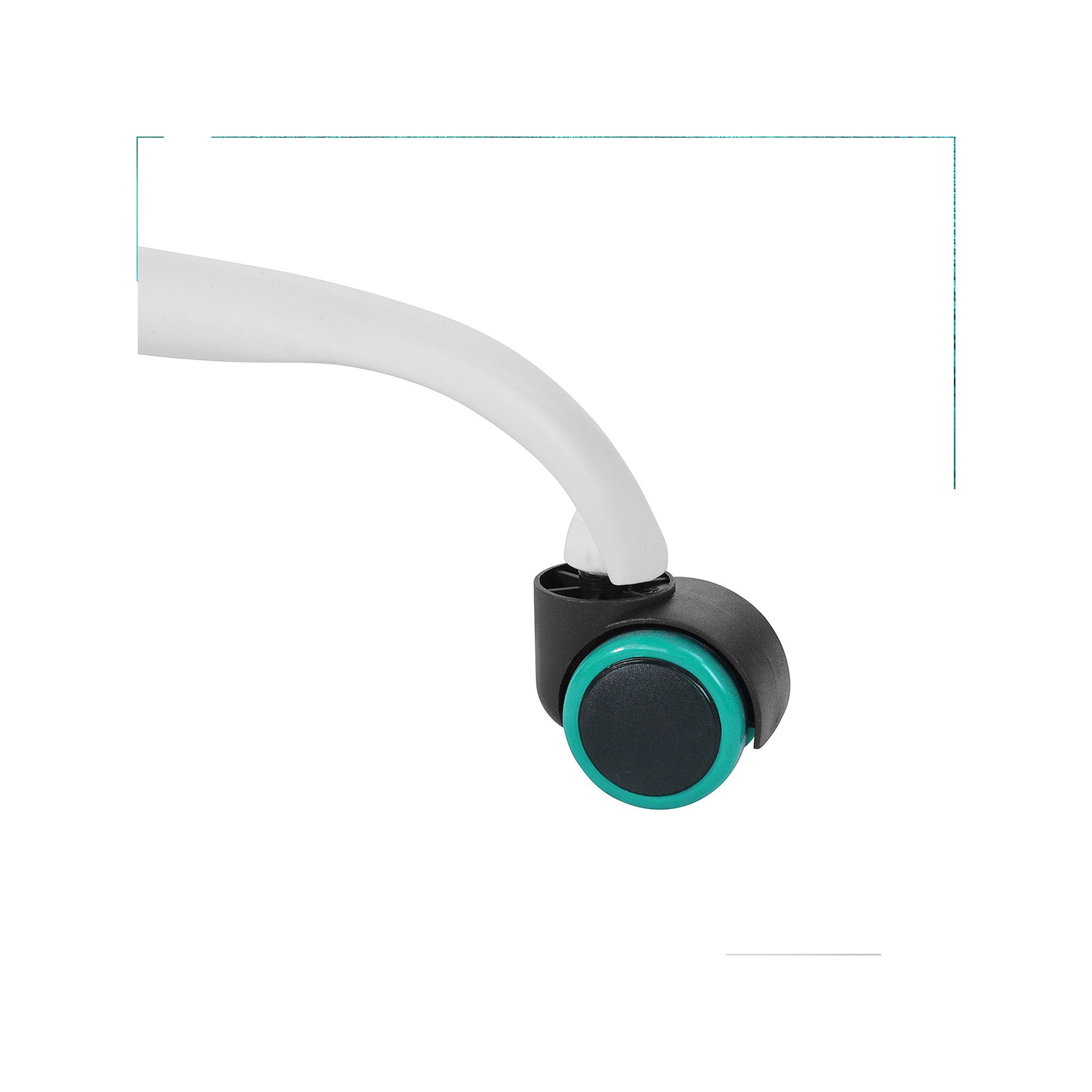 Close-up of caster wheel with teal rim on white swivel task chair