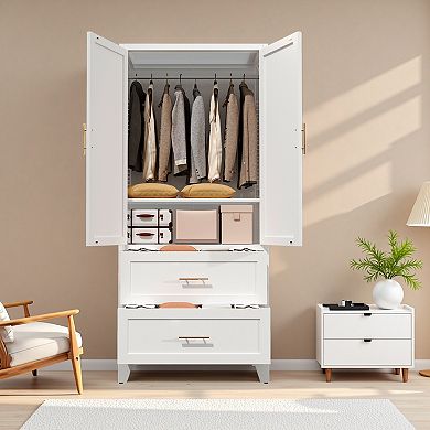 71" Tall Metal Wardrobe Cabinet with 2 Drawers and Hanging Rod, 2 Doors Wardrobe Closet with Shelf