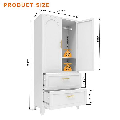 71" Tall Metal Wardrobe Cabinet with 2 Drawers and Hanging Rod, 2 Doors Wardrobe Closet with Shelf