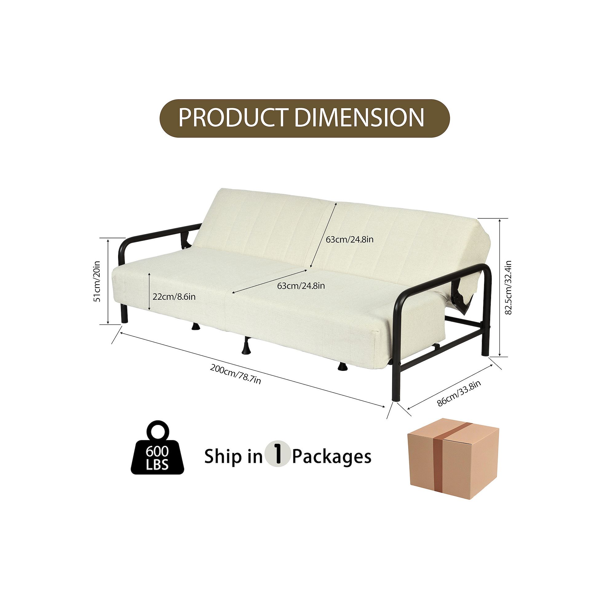 Product dimension diagram for cream convertible futon sofa bed with metal frame.
