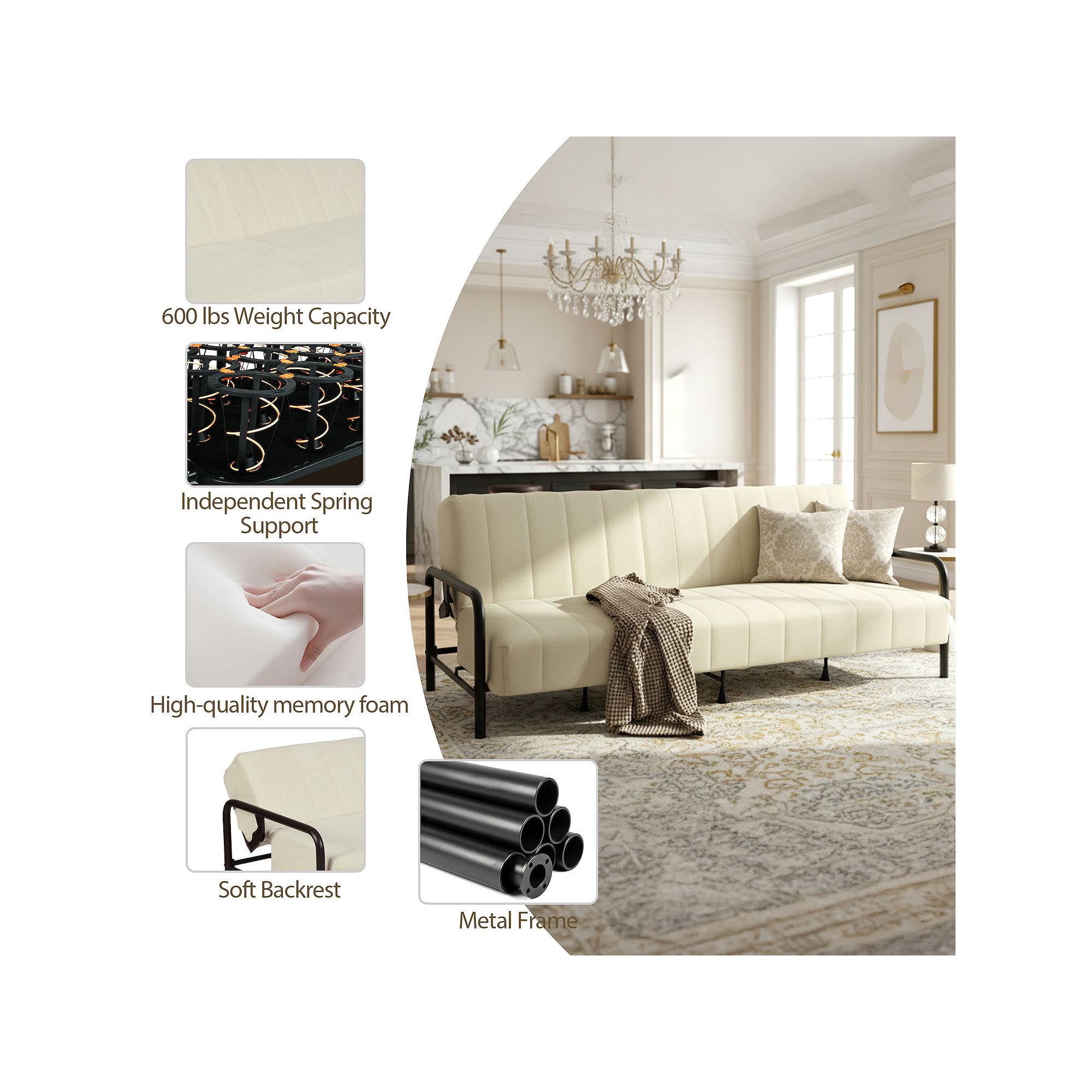 Convertible futon sofa bed features including metal frame and independent spring support.