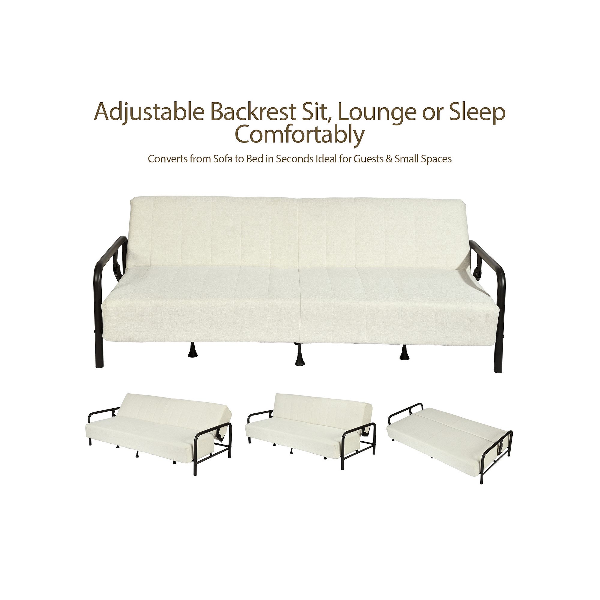 Adjustable convertible futon sofa bed that converts from sofa to lounge to bed.