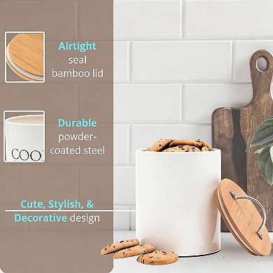 Off White Airtight Cookie Jar 0.6 Gal Bamboo Lid Farmhouse Tin Gift