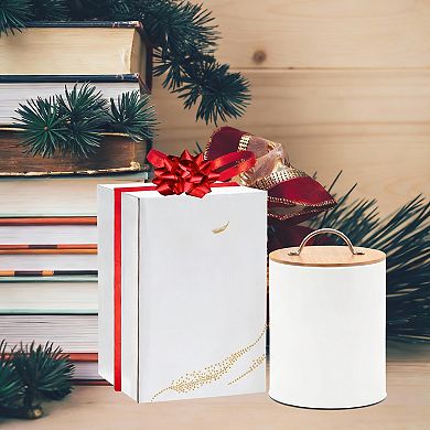 Off White Airtight Cookie Jar 0.6 Gal Bamboo Lid Farmhouse Tin Gift