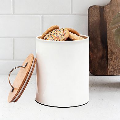 Off White Airtight Cookie Jar 0.6 Gal Bamboo Lid Farmhouse Tin Gift