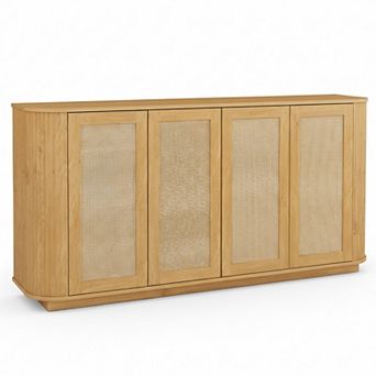 Homy Casa 64" Wide Sideboard for Dining or Living Room with Rounded Corners and Rattan Doors