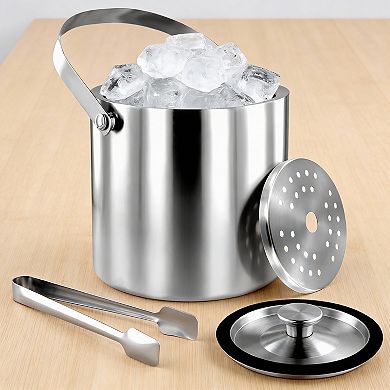 3L Stainless Steel Insulated Ice Bucket with Lid Strainer Tong