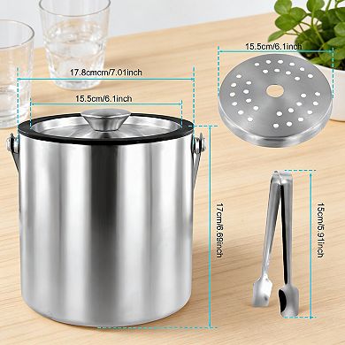 3L Stainless Steel Insulated Ice Bucket with Lid Strainer Tong