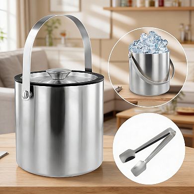 3L Stainless Steel Insulated Ice Bucket with Lid Strainer Tong