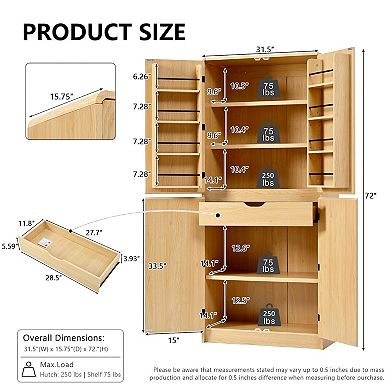 Homy Casa 72" Tall Pantry Cabinet with Adjustable Shelves for Kitchen or Dining Room