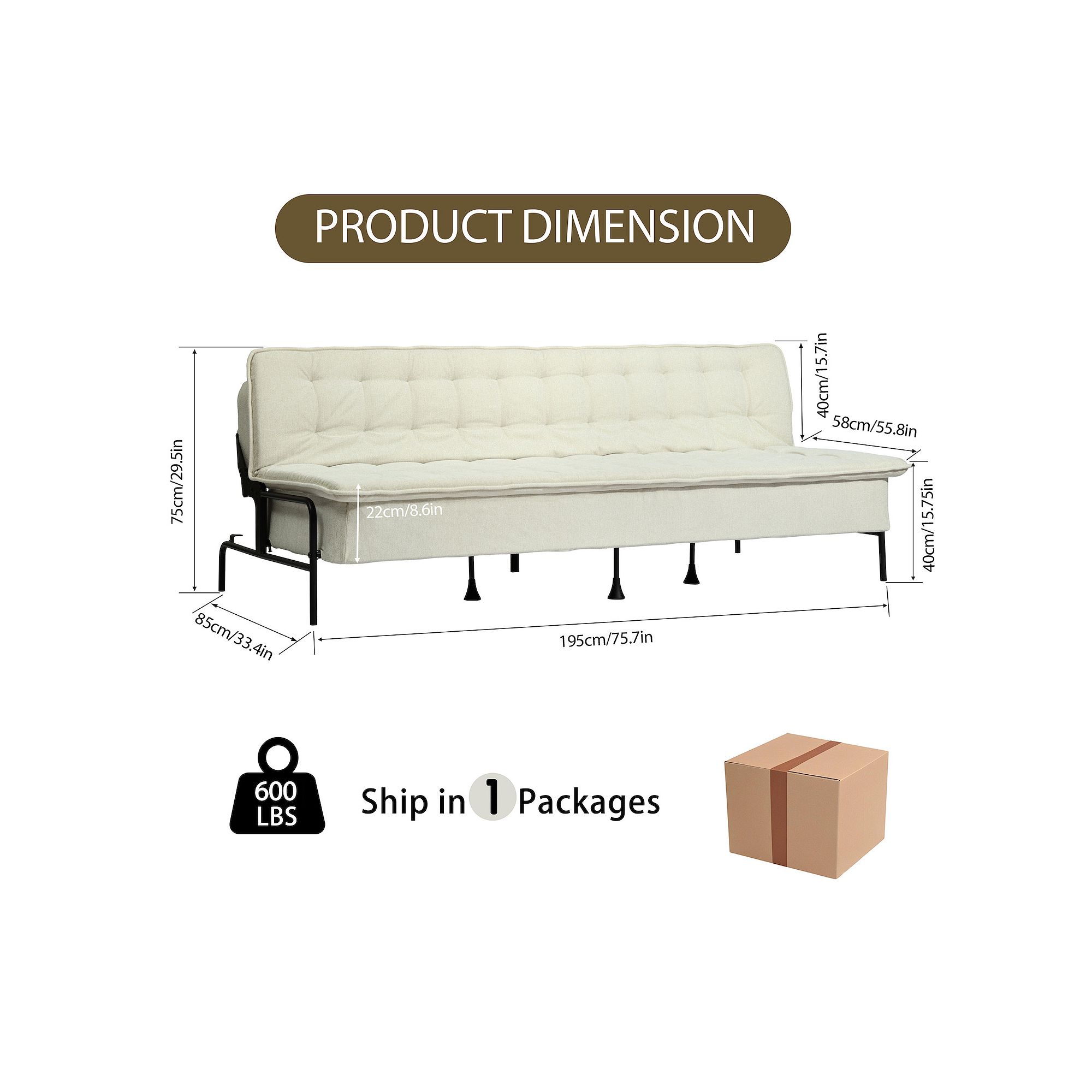 Sofa bed product dimensions diagram with height, width, and length in inches and cm