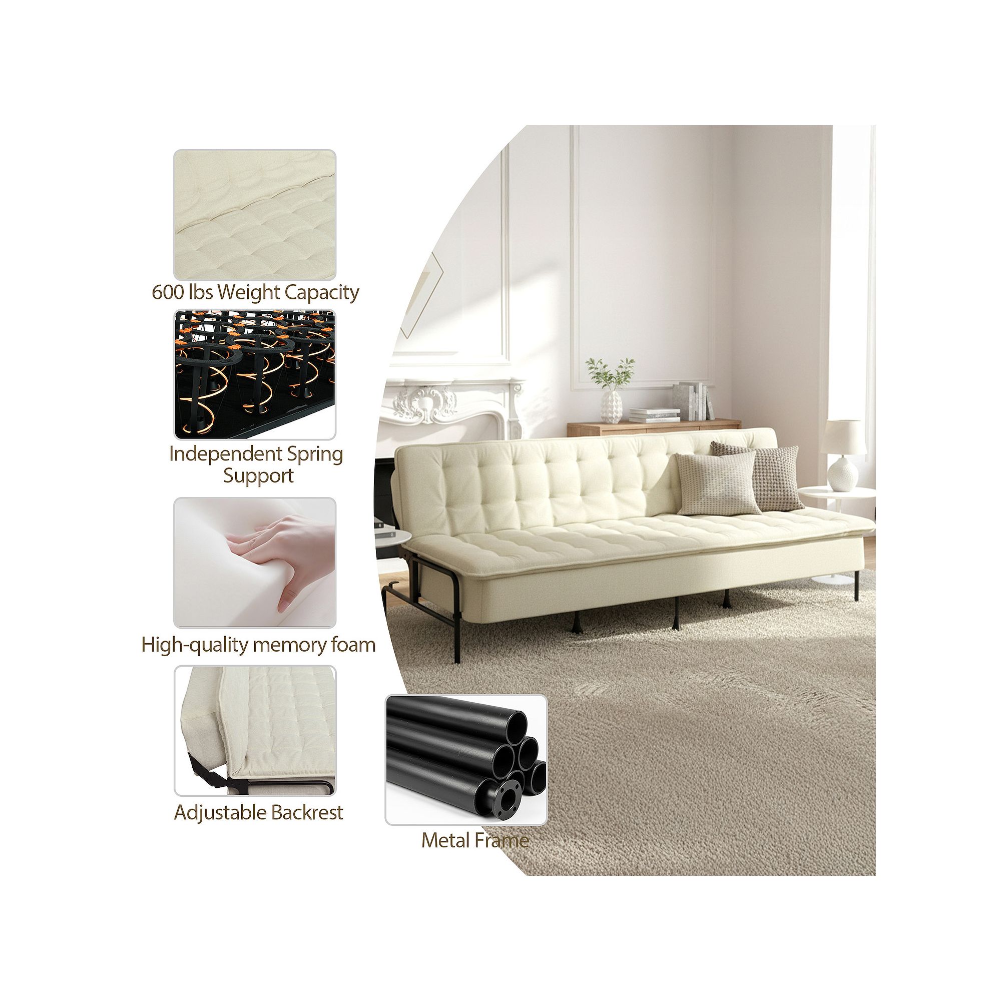 Sofa bed features infographic including independent spring support and memory foam