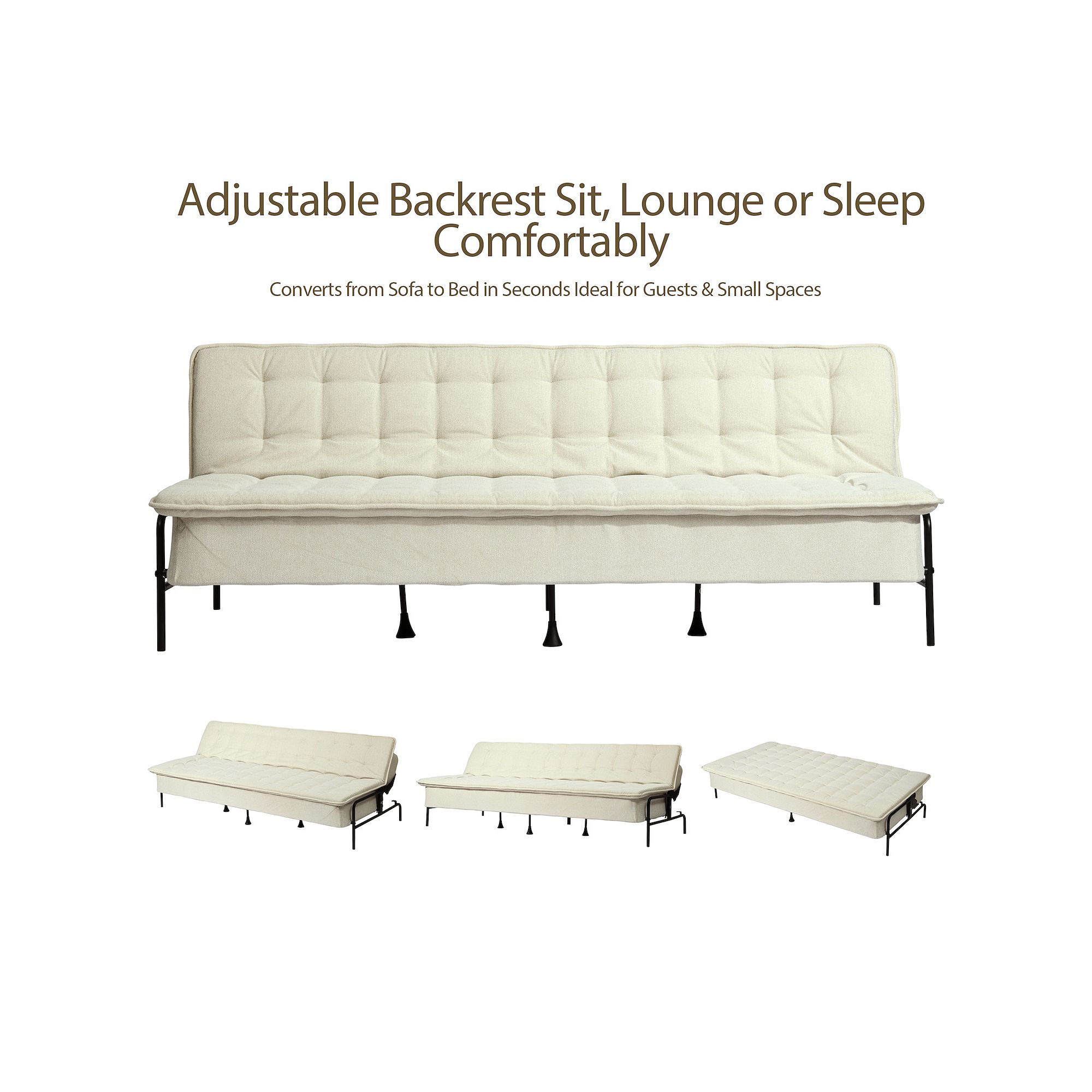 Sofa bed infographic showing adjustable backrest positions for lounging and sleeping
