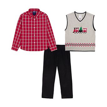 Toddler Boy Van Heusen Train Fair Isle & Cord Sweater Vest 3 pc Set
