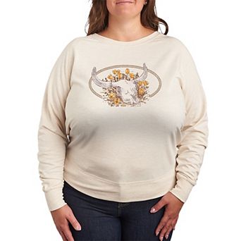 Plus Size Longhorn Skull Floral French Terry Long Sleeve Tee
