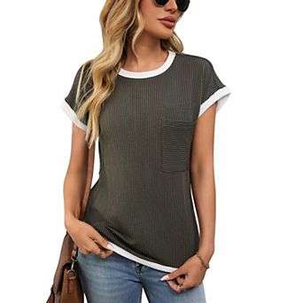 Women T shirt Short Sleeve Crew Neck Color Block Casual Basic Shirts
