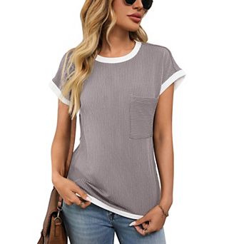 Women T shirt Short Sleeve Crew Neck Color Block Casual Basic Shirts