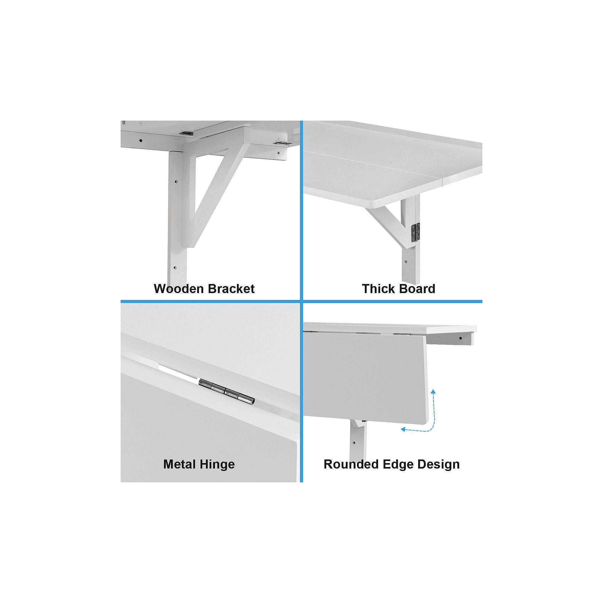 Close-up detail of wall-mounted drop-leaf table bracket, hinges, and edge design