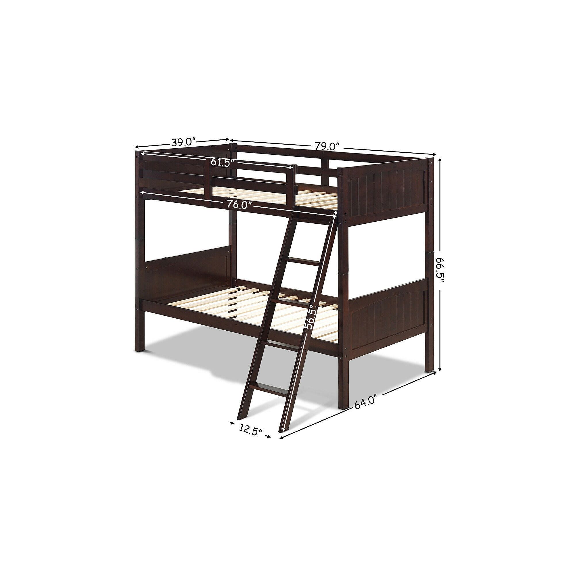 Bunk bed dimensions diagram in dark wood finish