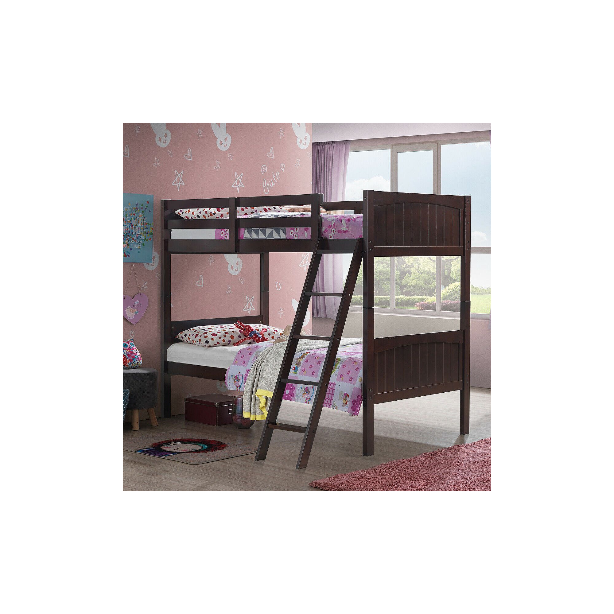 Wooden bunk bed setup with mattresses and ladder