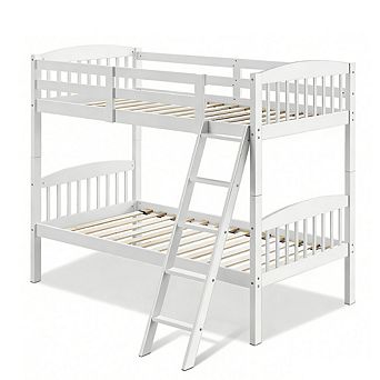 Gymax Wood Hardwood Bunk Beds Convertible into 2 Individual Kid Bed Ladder
