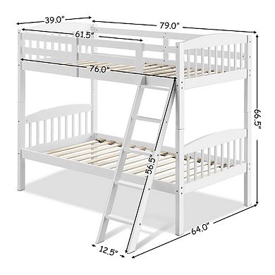 Gymax Wood Hardwood Bunk Beds Convertible into 2 Individual Kid Bed Ladder