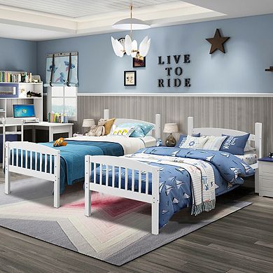 Gymax Wood Hardwood Bunk Beds Convertible into 2 Individual Kid Bed Ladder