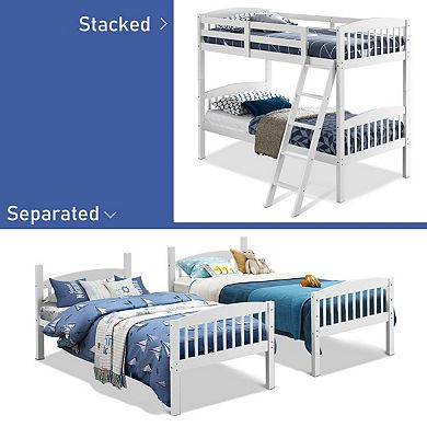 Gymax Wood Hardwood Bunk Beds Convertible into 2 Individual Kid Bed Ladder