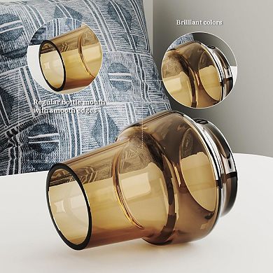 WIDE MOUTH AMBER GLASS DECORATIVE VASE