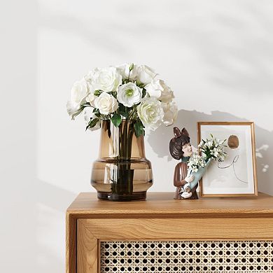 WIDE MOUTH AMBER GLASS DECORATIVE VASE