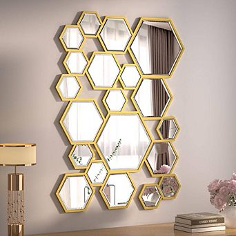 Hexagon Gold Wooden Framed Wall Mirror