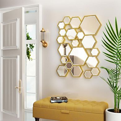Hexagon Gold Wooden Framed Wall Mirror